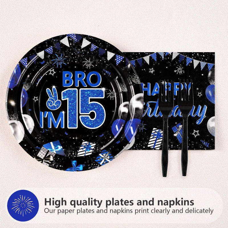 Grencian 96Pcs 15th Birthday Party Decorations for Boys Blue and Black 15th Birthday Plates Disposable Official Teen 15 Tableware for Teen Boys Im 15 Bro 15 Years Old Party Supplies Serves 24 - Image 2